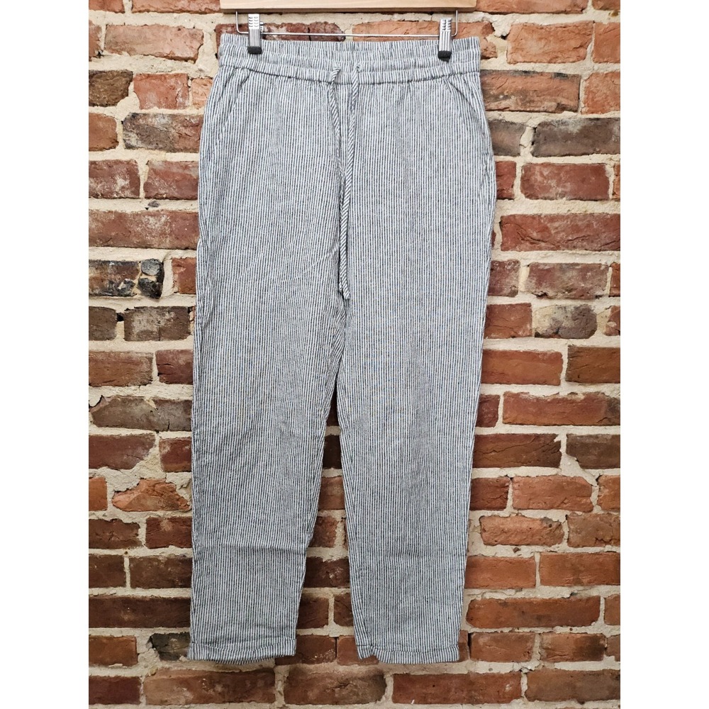 J.CREW Trouser Pants Women 2 Black White Striped Linen Elastic Waist Drawstring